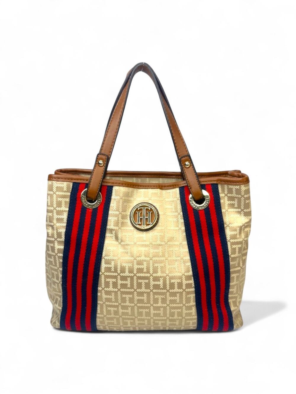Tommy Hilfiger TH Monogram Canvas Tote Bag Tan Red Blue Stripe Shoulder Purse